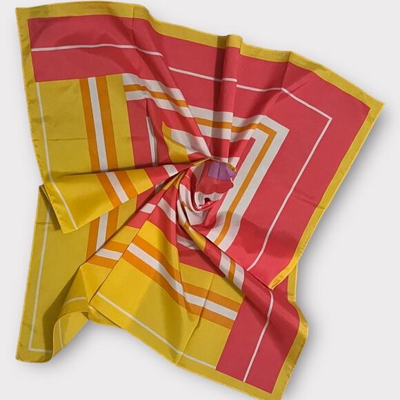 Retro Vintage Mod Geometric Print Square Scarf Pink Yellow White Polyester - Picture 2 of 5